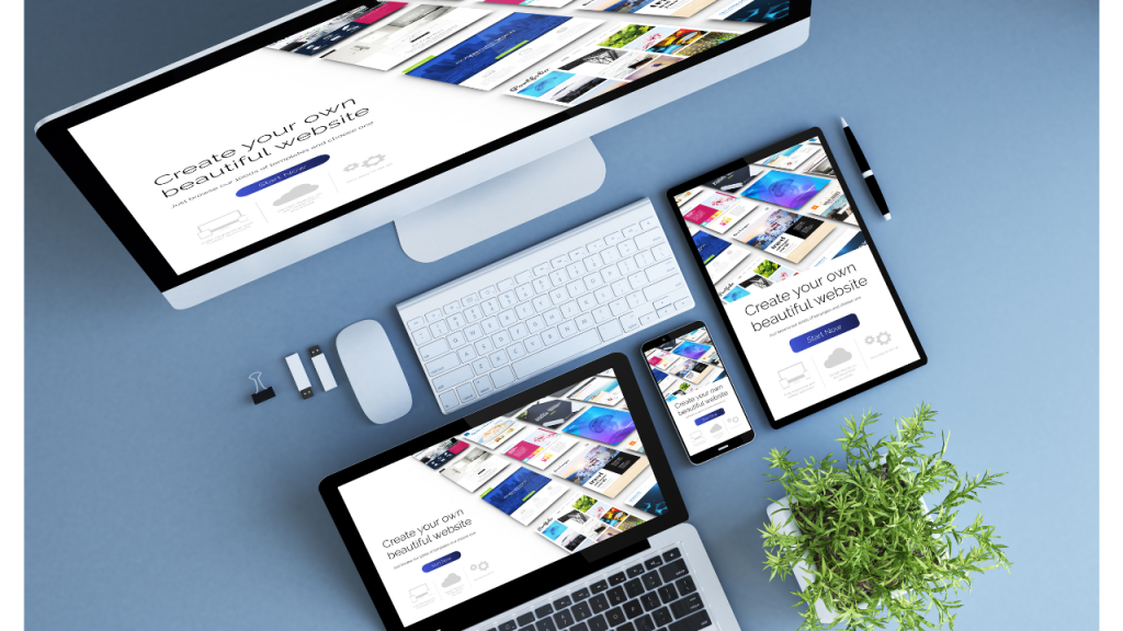 デスクトップ、ノートパソコン、タブレット、スマートフォンの４台の写真があり、Create your own beautiful websiteと全ての画面に表示されている