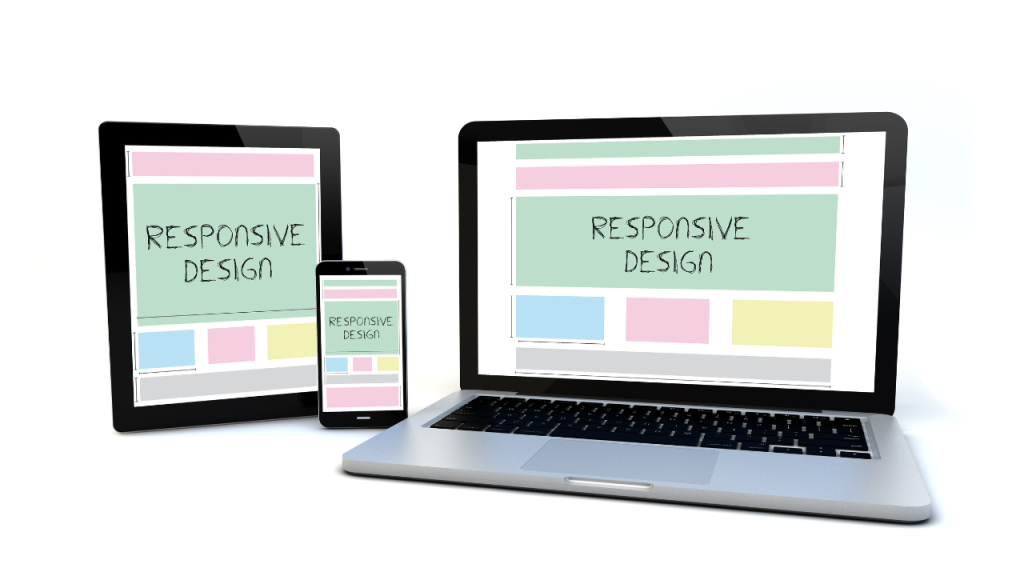 ノートパソコンやタブレット、スマートフォンが置かれていて、すべての画面にはRESPONSIVE DESIGNと表示されている