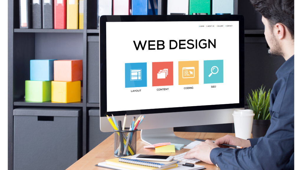 パソコンの画面にWEB DESIGNの文字と４つのカラフルなアイコンが並んで表示されている