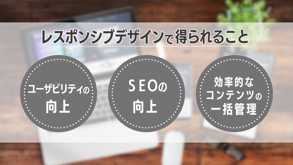 レスポンシブデザインで得られることというタイトルで、丸い円の中に具体例が３つ書かれている