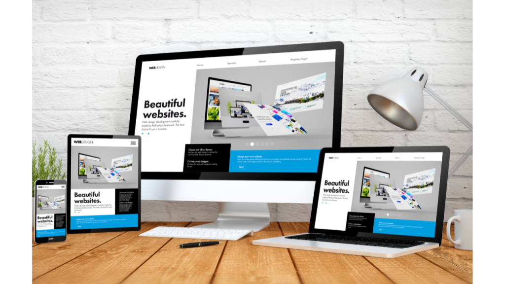 デスクトップ、ノートパソコン、タブレット、スマートフォン写真があり全ての画面にはBeautiful websitesの文字が表示されている写真