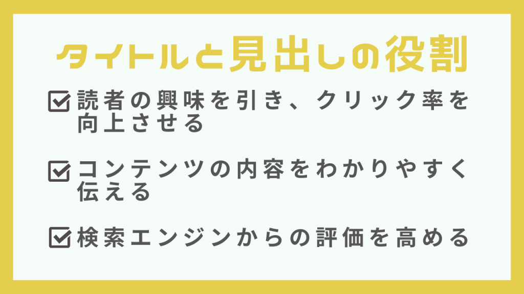 タイトルと見出しの役割
✔読者の興味を引き、クリック率を向上させる
✔コンテンツの内容をわかりやすく伝える
✔検索エンジンからの評価を高める
と書かれている画像。