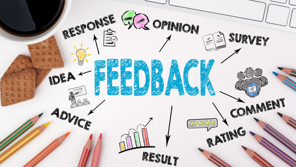 「FEEDBACK」と書かれ、矢印でいろいろ英語が描かれている。