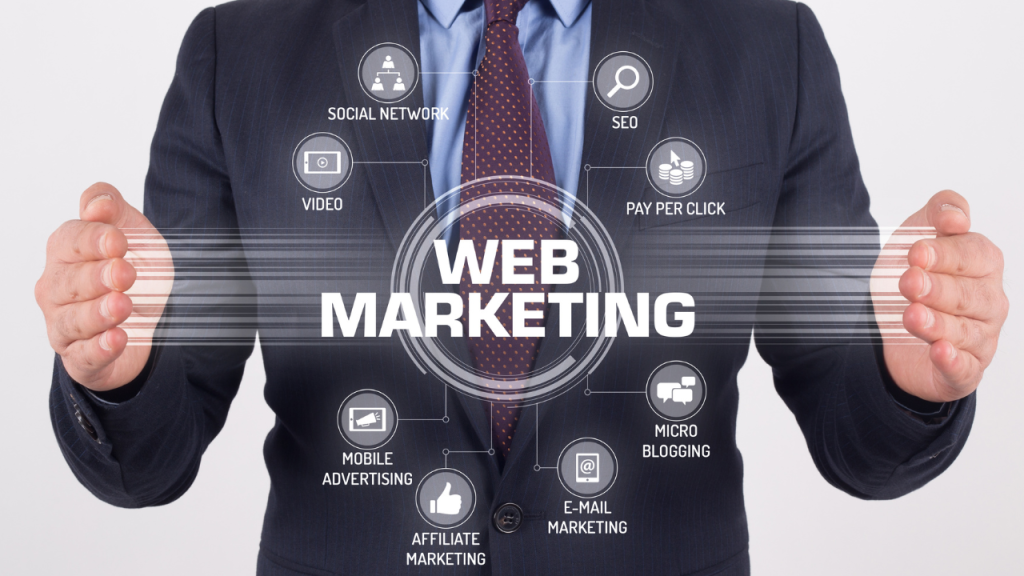 Webマーケティングの文字とWEBマーケティングの施策を表す単語が浮かび上がっている画像。背景にはスーツを着たビジネスパーソンが立っている