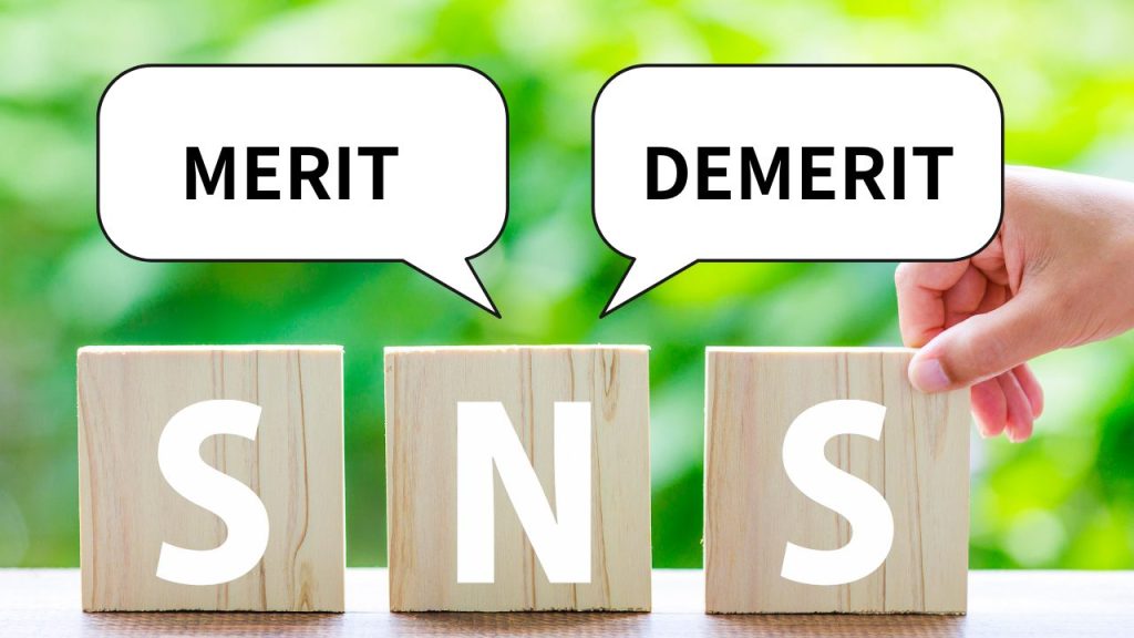 SNSと書かれた木のブロックの上に、MERIT、DEMERITと吹き込みがある画像